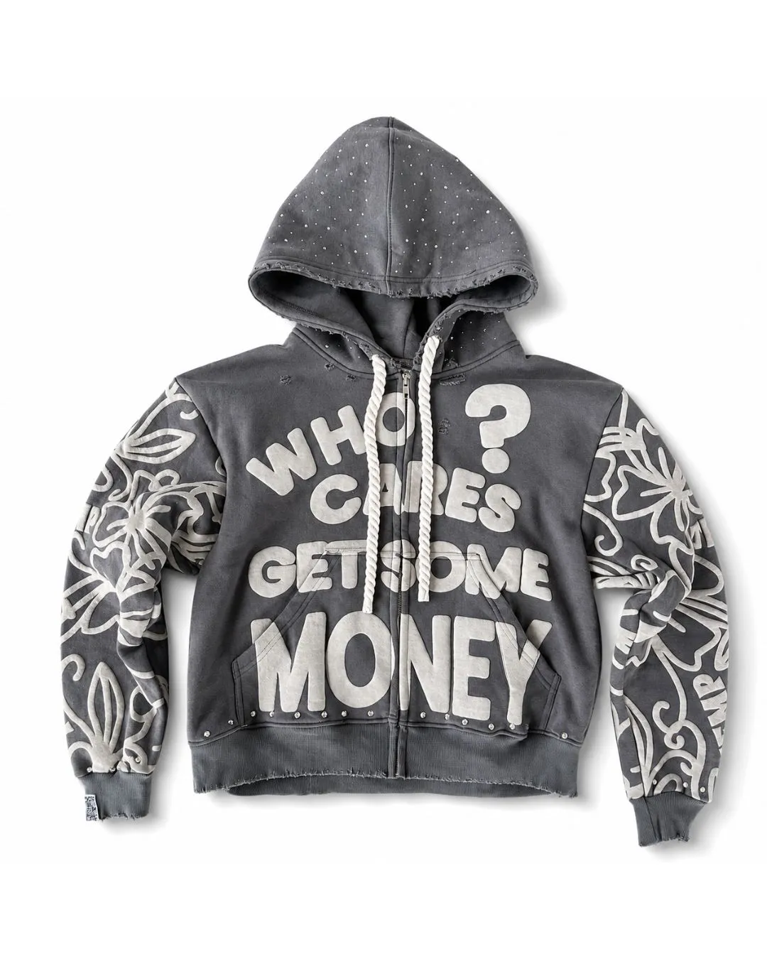 Who Cares Distressed Graphic Zip Hoodie – เสื้อฮู้ดซิปวอชกราฟิก